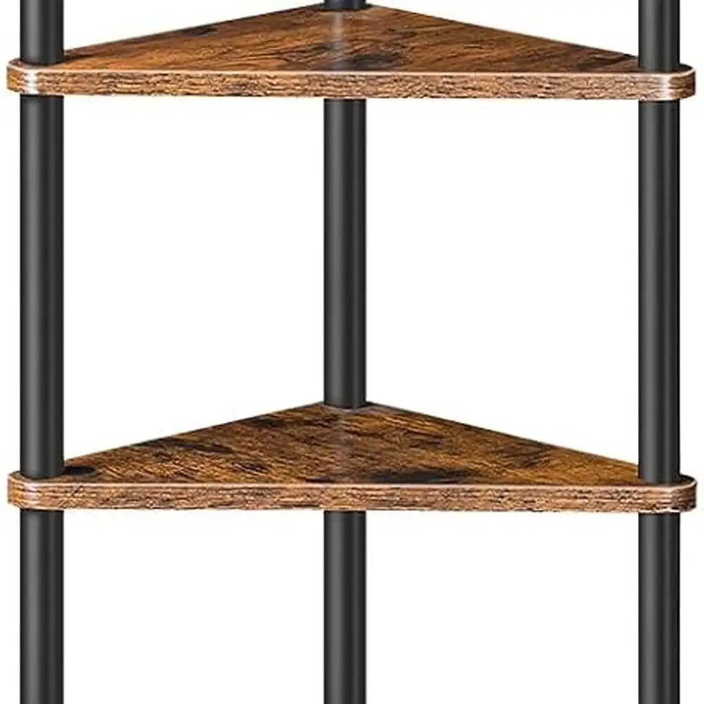 

6-Tier Industrial Style Corner Shelf - Metal Frame Bookcase for Compact Spaces, Rustic Brown