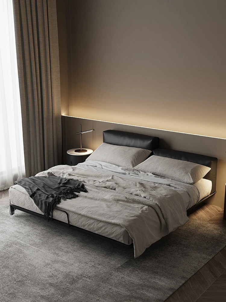 High and low headboard leather suspension bed Master bedroom luxury modern leather bed with induction lamp.