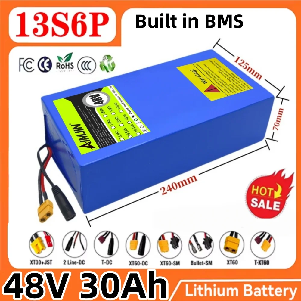 48V 30Ah 13S6P Battery Pack 18650 Lithium-ion Battery with BMS Protection, 2000W Motor for Electric Bicycles and Electric Scoote