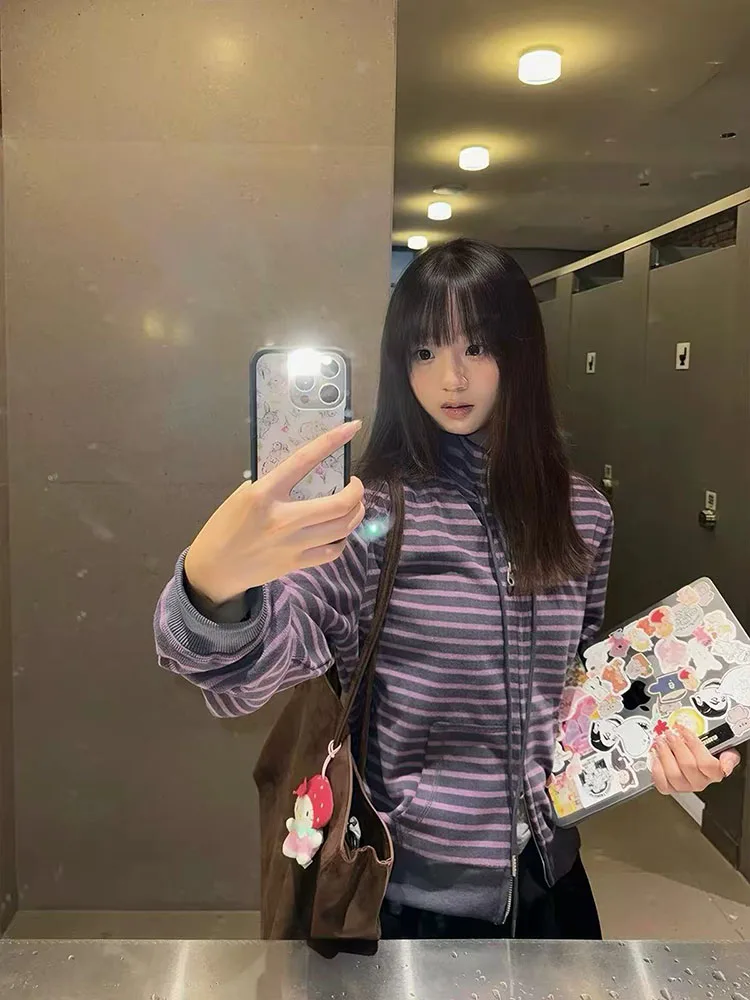 Mushroom Embroidered Striped Jacket Women Japanese Long Sleeve Slim Stand Collar Coats Y2K Harajuku Retro 2000S Casual Outerwear
