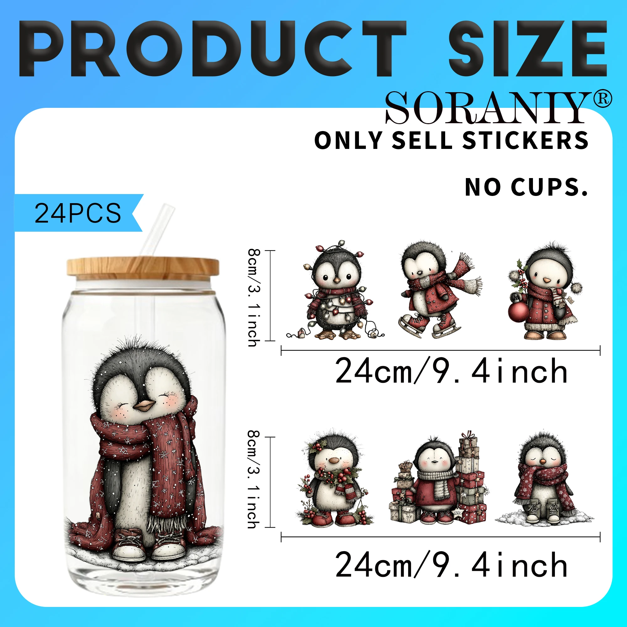 24PCS/Set Whimsical Christmas  Themed UV DTF 16OZ DIY Transfer Paper Set Golden Text Used For 16oz Water Bottles Glass