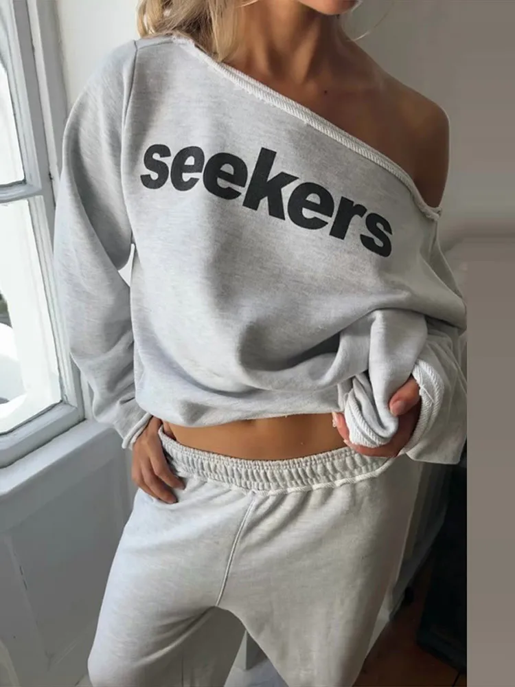 Solid Women Autumn Pant Sets One Shoulder Printed Long Sleeve Top And Fitting Wide Leg Pant Chic Lady Streetwear Suits 2026