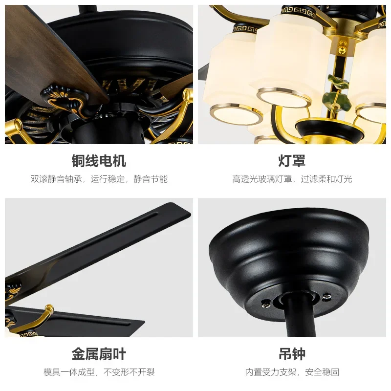 New Chinese silent fan light, Chinese style living room tea house, wood leaf  led ceiling fan with light