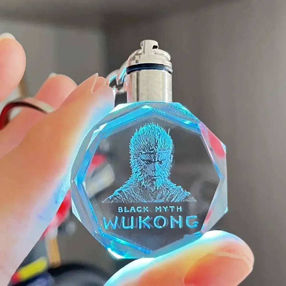 For Black Myth Wukong KeyChain LED Light 7 Color Crystal Key Chain Customized GameScience Motorcycle Keyring Souvenir