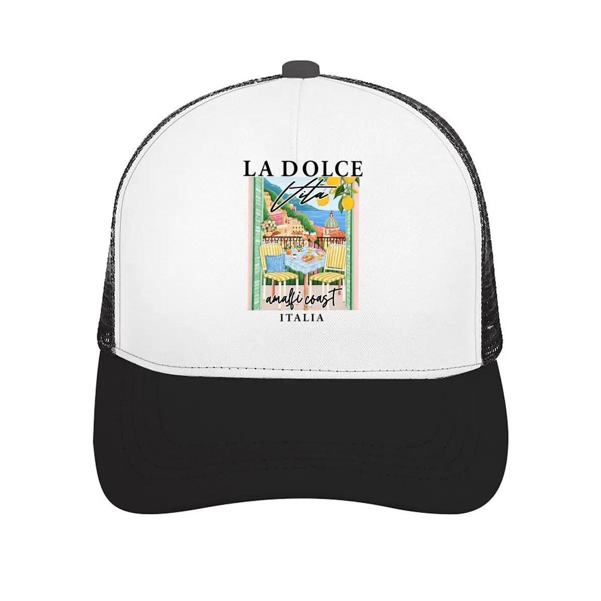 La Dolce Vita Amalfi Coast Italia Italian Summer Balcony Lemons Wine Breakfast Illustration Mesh Baseball Cap Casual Hat