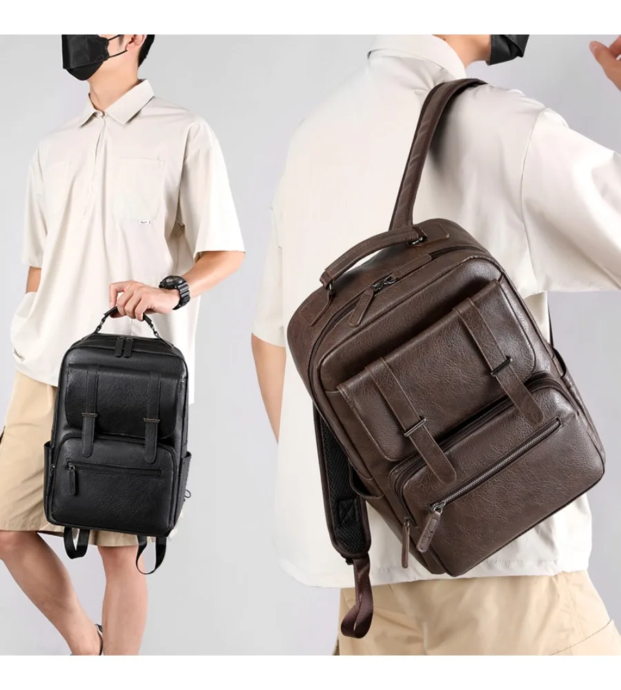 PU leather construction gives this men’s backpack a sleek look with room for laptops and school supplies