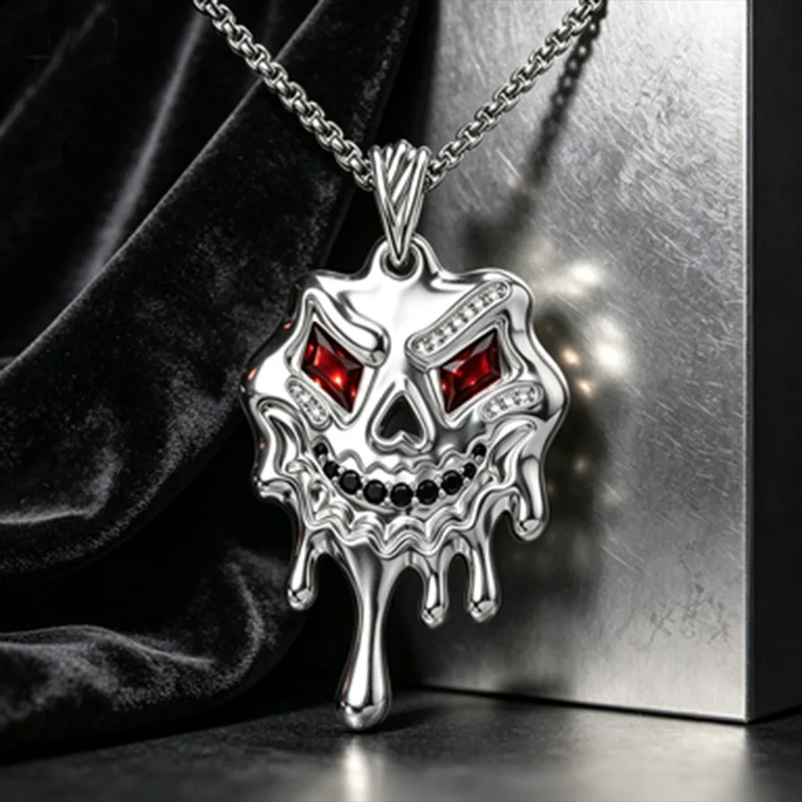 Punk Liquid Melting Demon Skull Pendant Necklace Stainless Steel Rhinestone Inlaid Street Rock Hip Hop Clavicle Chain For Men
