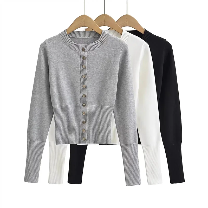 Long Sleeve Knitted Sweater Single-breasted Buttons Cardigan Sweater Women Crew Skinny Versatile Ribbed Woolen Bottom Wool Top