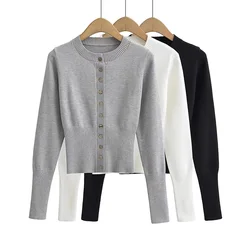 Maglione lavorato a maglia a maniche lunghe bottoni monopetto Cardigan maglione donna Crew Skinny Versatile a coste con fondo in lana Top