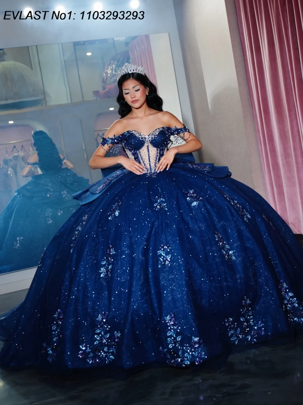 EVLAST Suknia Balowa Quinceanera 2026 w Kolorze Granatowym z Aplikacjami Brokatowymi i Koralikami, Warstwowa Sukienka Sweet 16 Vestidos De 15 Anos E1QN163