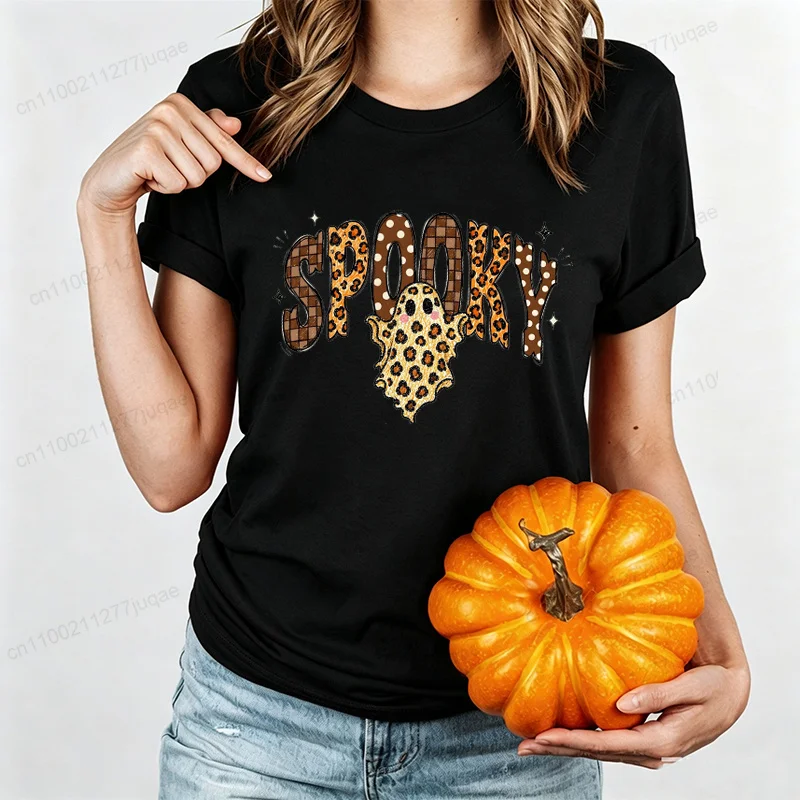 Spooky Season Women T‑Shirt Halloween Spooky Ghost Print Tee Leopard Pumpkin Graphic Short Sleeve Casual Holiday Party Tops Gift