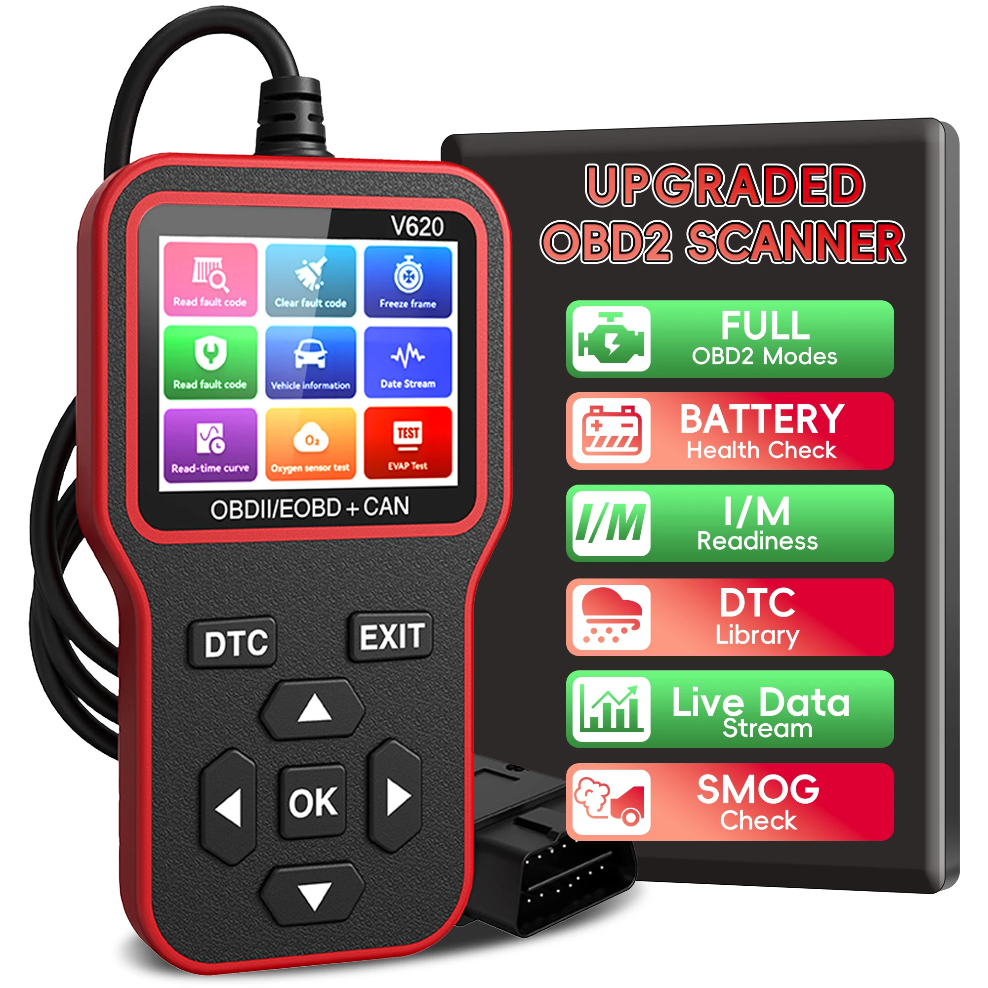 OBD2 Scanner Diagnostic Tool with Battery Tester, Check Engine Fault Code Reader with Live Data,DTC Lookup, Freeze Frame, Scan