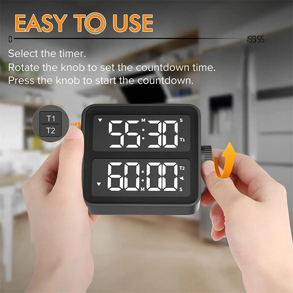 LED Digital Kitchen Timer Dual Timing Memory Function 2-Level Volume Backlight Display Baking Countdown Reminder Kitchen Tools