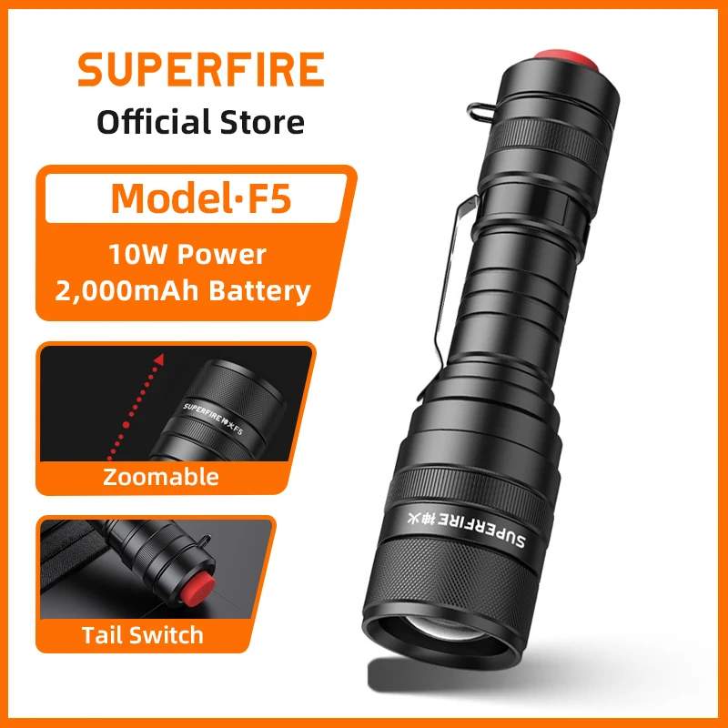 SUPERFIRE F5 10W LED Flashlights Type-C Rechargeable Brightest Clip-on Work Light with 5 Modes High Powered Handheld Torch Light