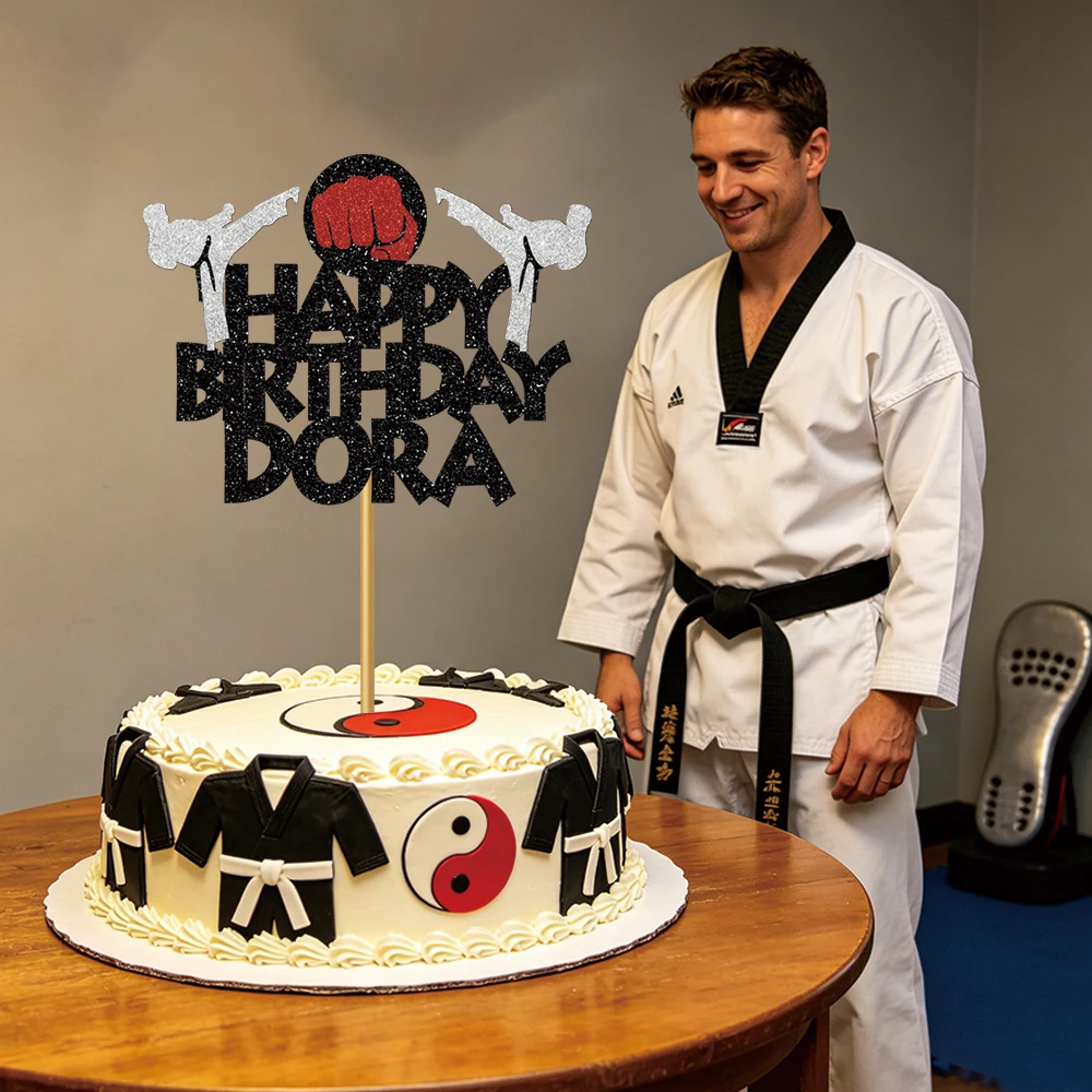 1pcs Personalized Birthday Martial Arts Cake topper Custom Name  for Milestone Birthday Celebration Party Cake Decoration