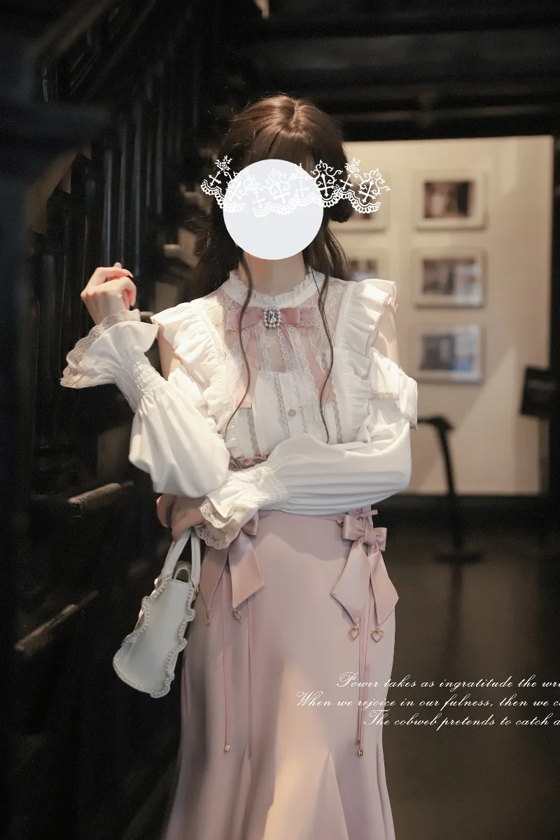 Japanese Rojita Mini Series SC Pink And White Blouse Mass-Produced Elegant Mermaid Skirt Long Sleeves Single-breasted Shirt Girl