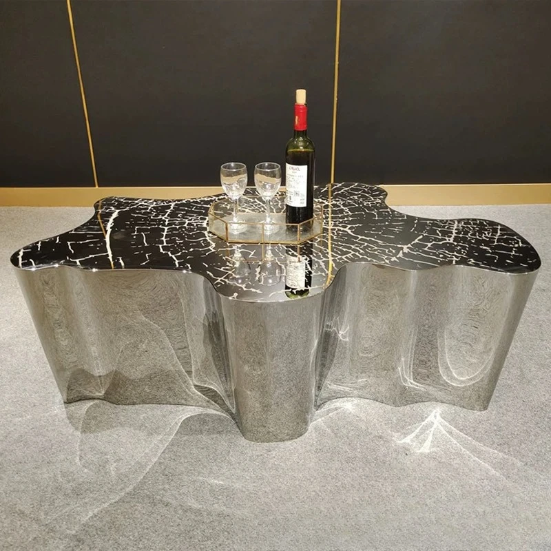 

Light luxury stainless steel coffee table simple modern living room home irregular metal etching tree root tea table