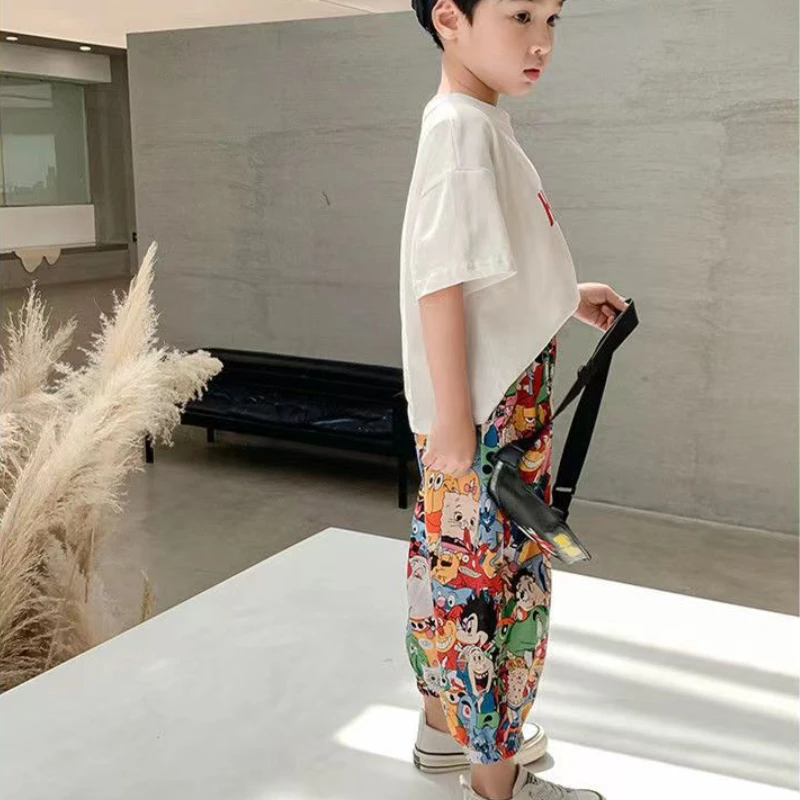 Summer New Boys Casual Pants Graffiti Designer Print Sweatpants Thin Long Loose Harem Trousers Teenage Kids Boys Clothes