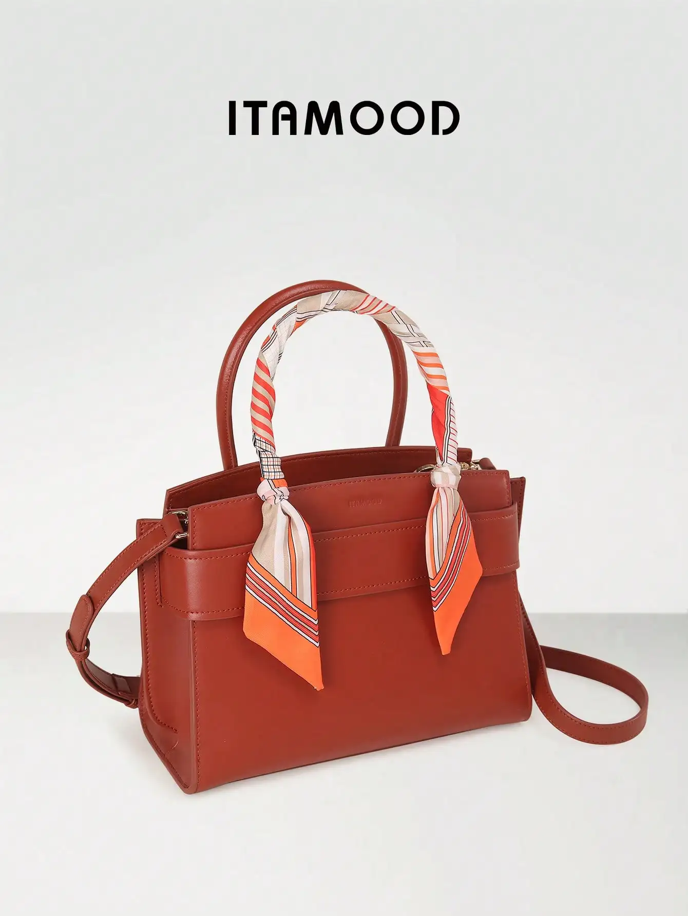 ITAMOOD Genuine Two-Layer Cowhide Leather Handbag Detachable Crossbody Strap Elegant Satchel Purse With Cute Scarf Shoulder Bag