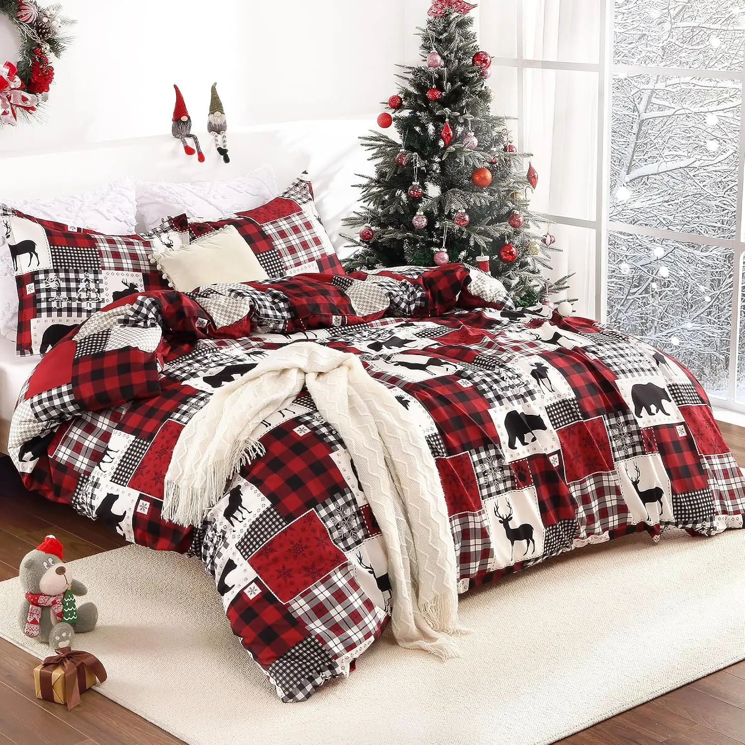 3 piece Christmas Bedding Duvet Cover Queen Plaid Reversible Xmas Christmas Duvet Cover Set with Red black Plaid and Deer Bear Animal Print Washed Cotton Feel, 2 shams.Christmas Gift