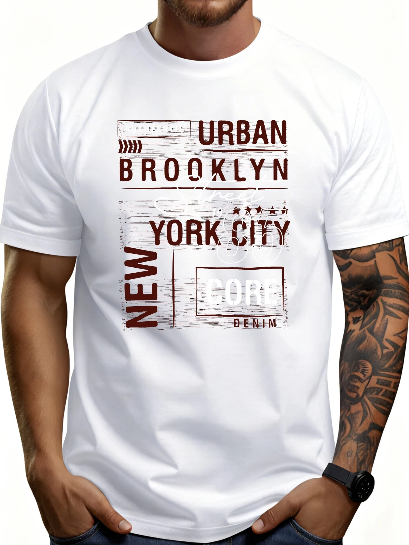 Casual Urban Style Men's T-Shirt with New York Brooklyn Core Cowboy Print, Suitable for Spring and Summer Wear, Trendy Men's Gift and Gift for Friends