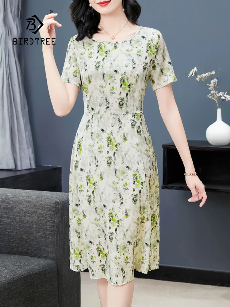 

BirdTree, 91%Real Silk Eleagnt Dresses, Women Short Sleeve Printed, Appear Thin Fashion Loose Mom Dress, 2024 Summer D44830QC