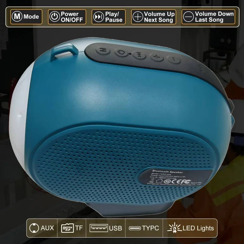 Portable Wireless Speaker Compatible with For Makita/Bosch/DW/Milwaukee 18/20V Battery LED Light Speaker TWS Dual Device Pairing