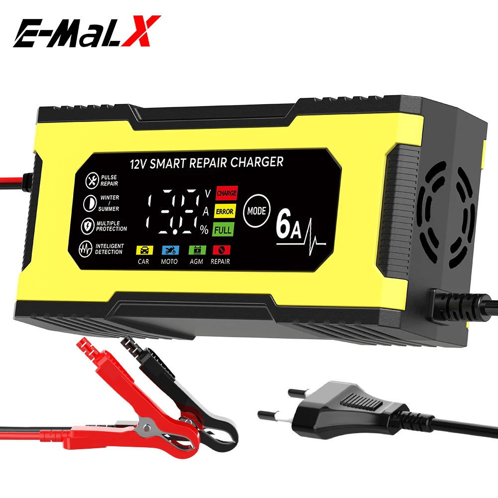 Caricabatteria per auto intelligente 6A 12V Caricabatteria per auto e moto al piombo e mantenitore di riparazione a impulsi intelligente