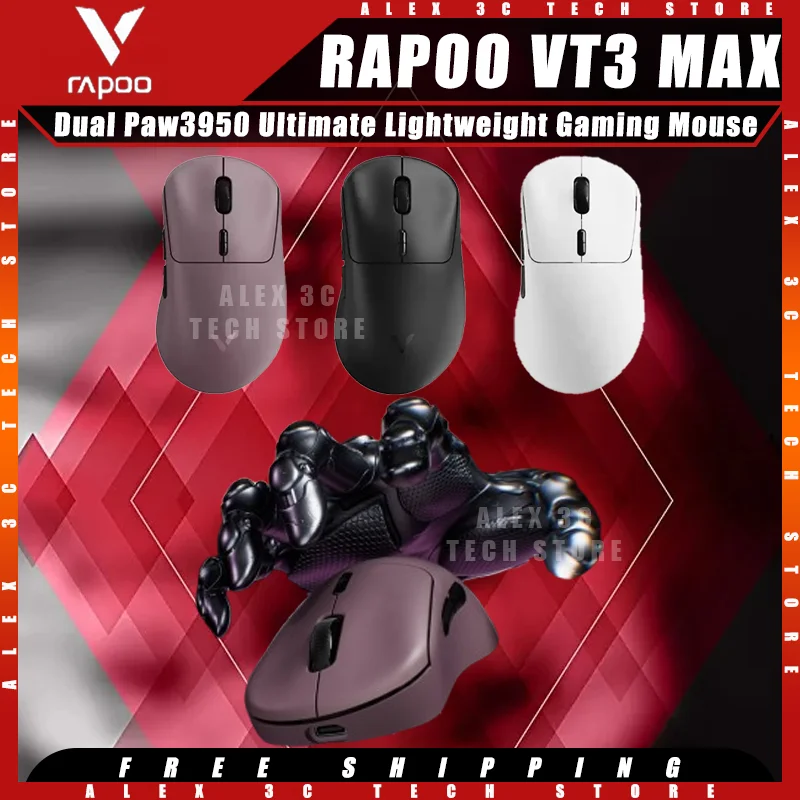 Игровая мышь RAPOO VT3 MAX, двухрежимная беспроводная двойная 8k, частота опрокидывания Paw3950, максимальный датчик, легкая эргономичная беспроводная мышь
