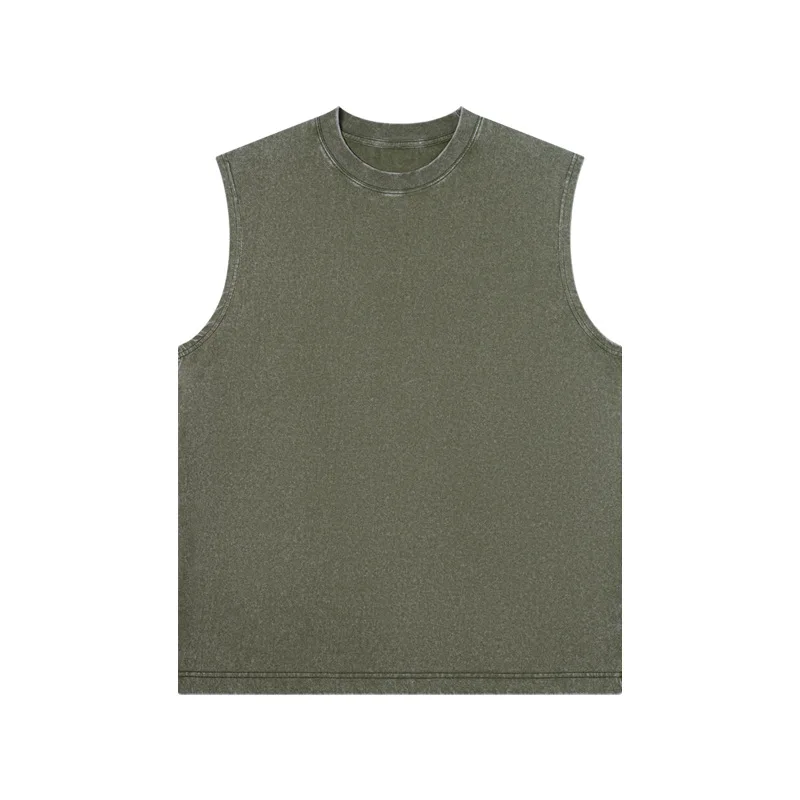 Men's 6 Colors Casual Loose Shoulder T-shirt 230g Pure Cotton European and American High Retro Washed Distressed Sleeveless Vest