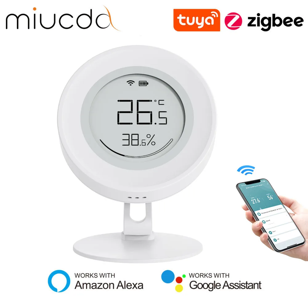 MIUCDA Tuya Zigbee Sensor temperatur dan kelembapan pintar, sensor temperatur dan kelembapan layar e-ink untuk Alexa Google Home