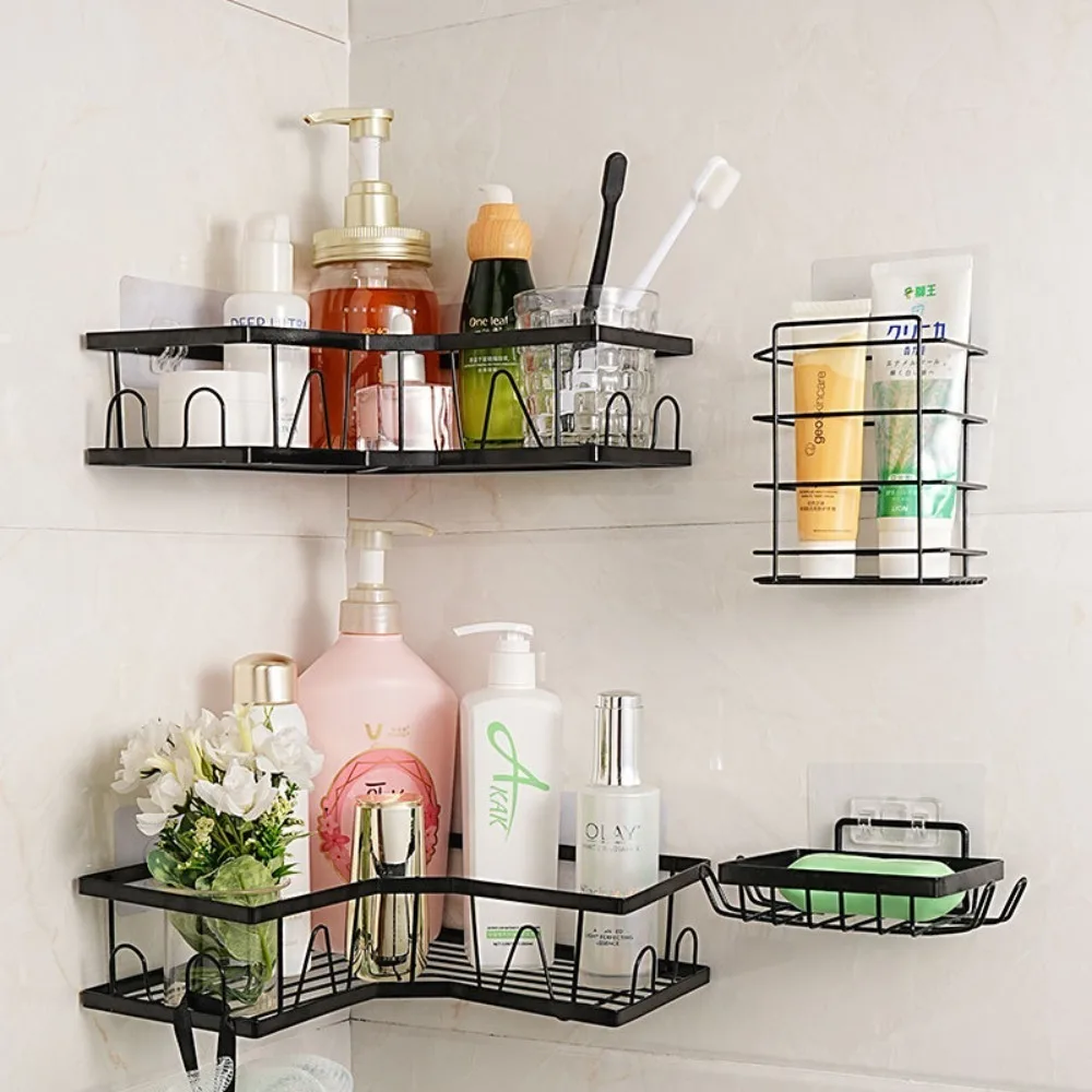 5pcs bathroom storage rack, rust and corrosion resistant thickened material nail free installation, strong load-bearing capacity