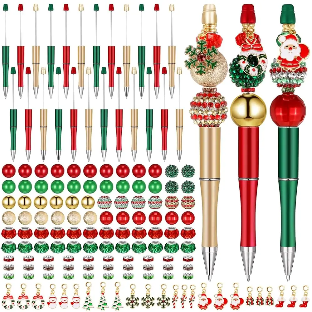 

Набор из 24 ручек для бисероплетения на Рождество, пластиковые ручки с бусинами, 108 шт. разнообразных бусин, 24 шт. подвесок: Снеговики, Дед Мороз, Снежинки