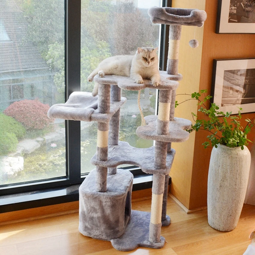 New Cat Tree House Sisal Rope Pillars Cat Tower Large Space Cat Condo And Hammock Pet Cats Grinding Claw Toys Scratching Posts