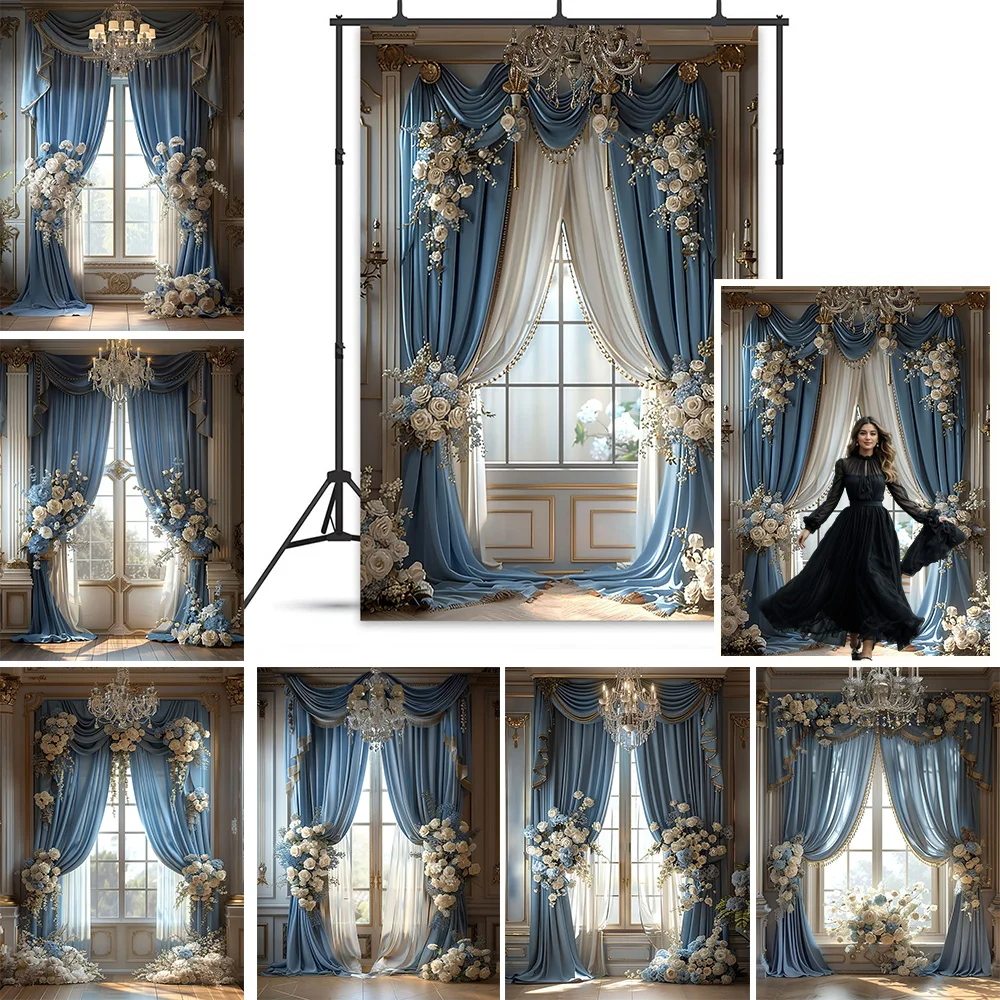 Wedding Photoshoot Background Balot Retro White Blue Curtain Decor Backdrop Girl Birthday Portrait Flowers Window Photobooth