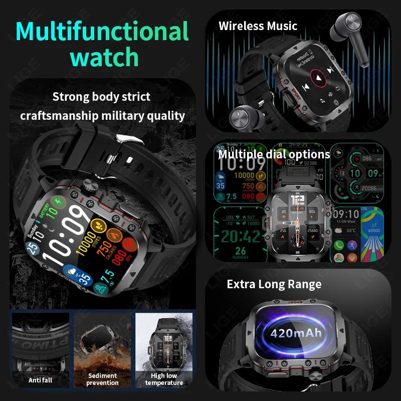 LIGE 2024 Outdoor Military Mens Smartwatch Bluetooth Call Sport Heart Rate Monitor IP68 Waterproof Smart Watches For Android IOS