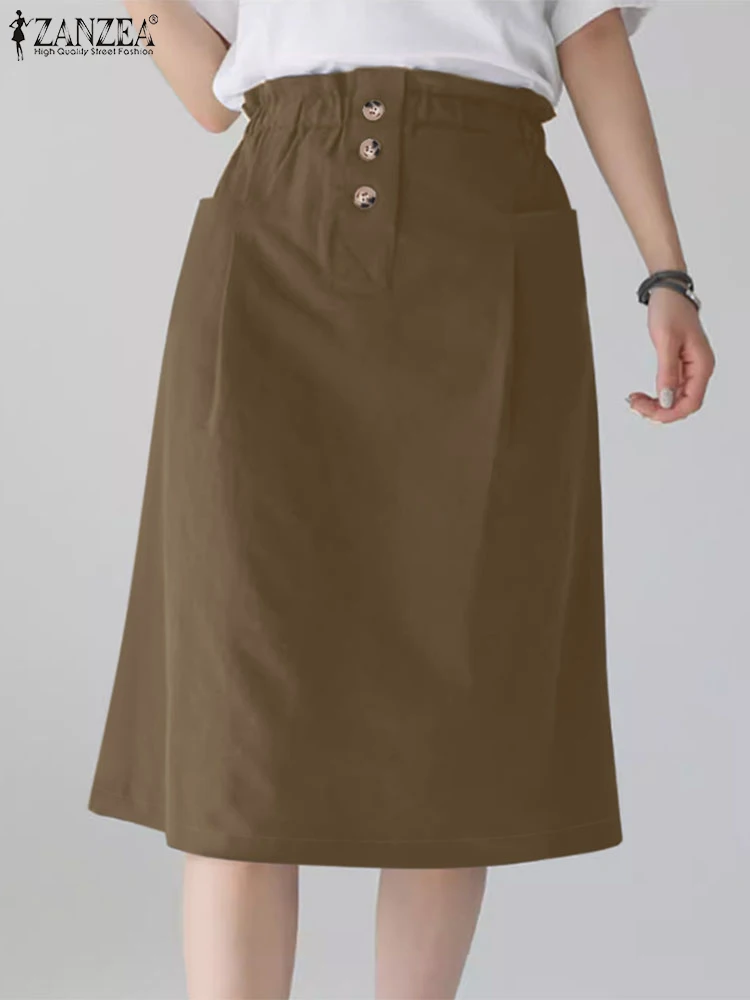 ZANZEA Elegant High Waist OL Skirt Summer Women Sundress Casual Loose A-line Work Skirt Vintage Solid Faldas Knee-length Skirts