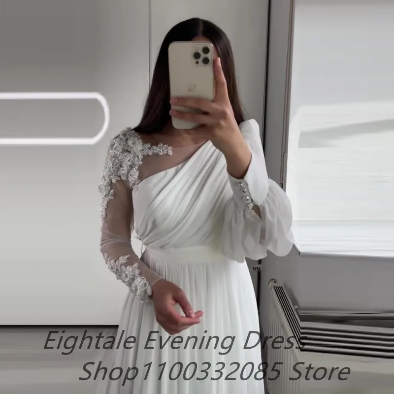 Customized White Long Sleeve Arabic Evening Dress For Women Luxury Chiffon A Line Dubai Formal Prom Party Gown With Lace Bead