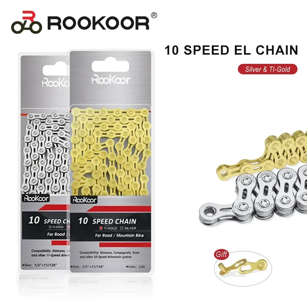 Rookoor MTB Road Bicycle Chain10 Speed velocidades 10v Silver Titanium Plated EL  Chains 116 Links Cycling Accessories Bike Part