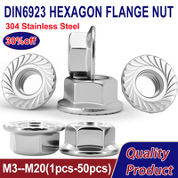 1pcs-50pcs DIN6923 Flange Nut Lock Nut 304 Stainless Steel Hexagon Hex Head Serrated Spinlock M3 M4 M5 M6 M8 M10 M12 M14 M16 M20