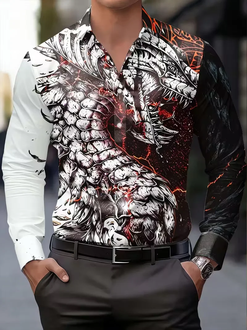 New Men's Abstract Oil Painting Brushwork Graffiti 3D Printed Long Sleeve Shirt Collar Business Top Clothing