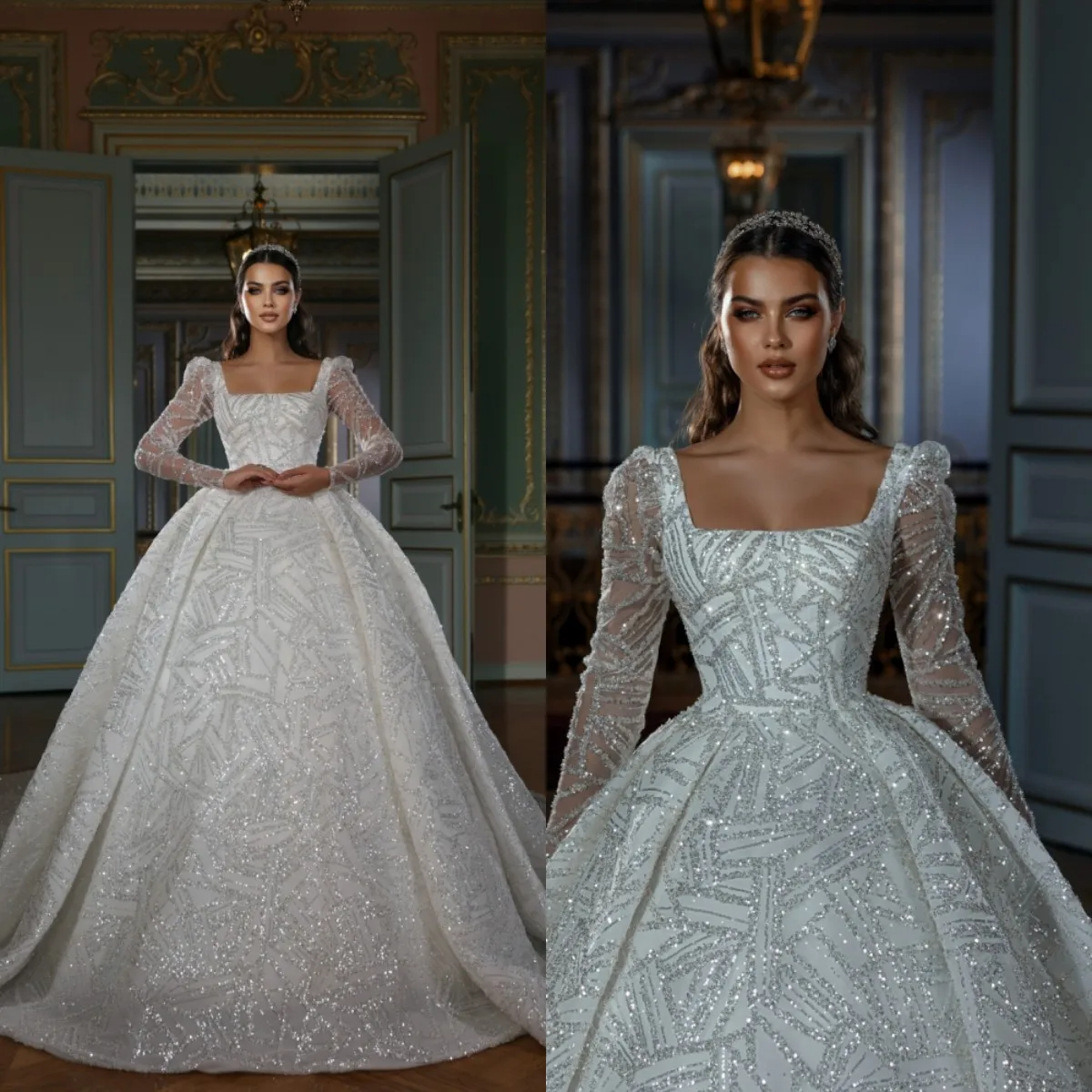 

Generous Ball Gown Square Neck Wedding Dress Sparkly Sequins Beaded Illusion Long Sleeves Bride Gown Vestido De Novia Customized