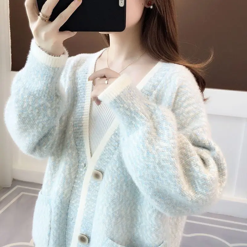 2024 Autumn And Winter Mid To Long Length Sweater For Women, V-Neck, Thick Mink Fur, Loose Fit, Lazy Style, Knitted Cardigan,