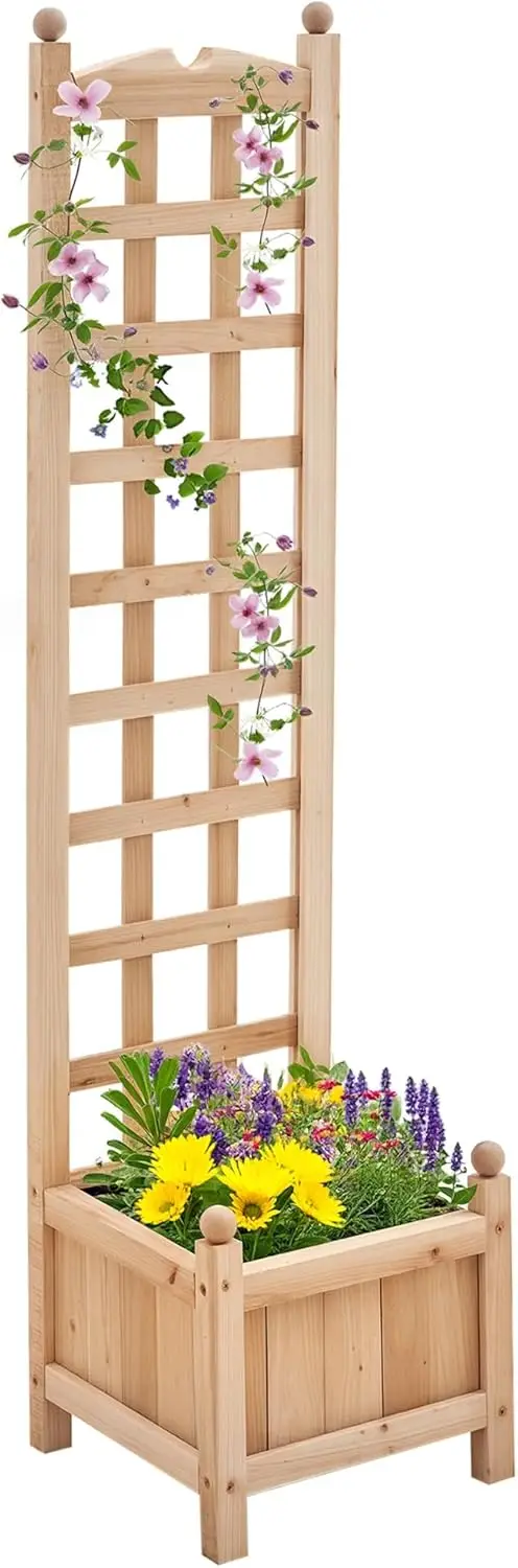 

Деревянная приподнятая садовая кровать с решеткой, уличный горшок с дренажными щелями для вьющихся растений и цветов, 12 x 12 x x