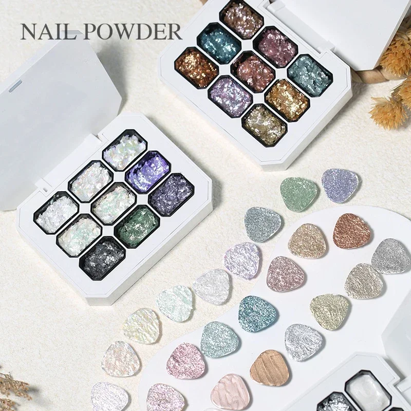 

9Colors Mud Aurora Chrome Nail Fairy Powder Iridescent Nail Glitter Sparkly Holographic Flakes Glitter Dust Gel Polish Supplies