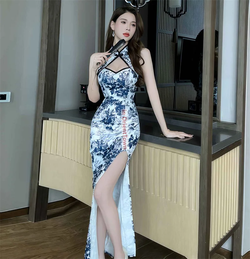 Blue White Young Women Slit Slim Fit Hip Hugging Long Dress Girl Oriental Classic Shanghai Modified Sexy Backless Cheongsam TP84
