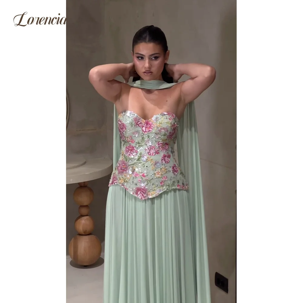 Lorencia Mint Green Chiffon Evening Dresses with Scarf Sweetheart Embroidery Dropped A-Line Formal Prom Gowns Customized