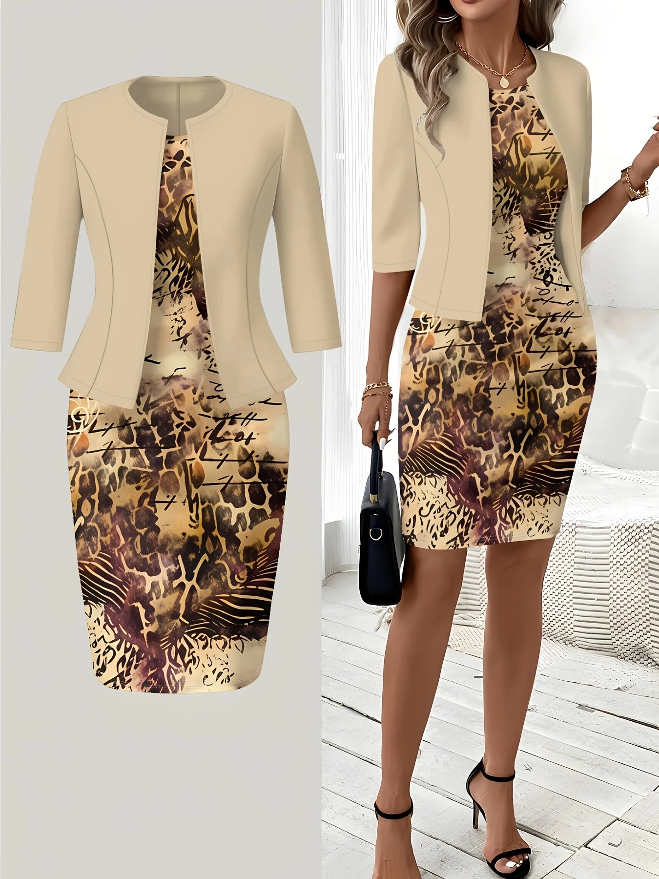 Print Design Casual Style Mixed Pattern Art Graffiti Print Round Neck Tank Dress Set