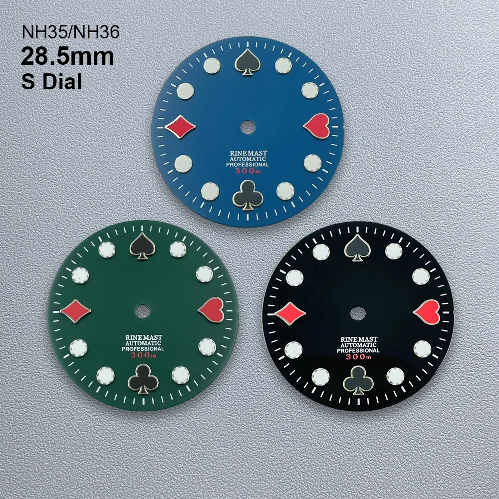 

28.5mm S Logo Poker Dial Fit NH35/NH36/4R Japanese Movement Green Luminous Diving High-Quality Watch Modified Accessories