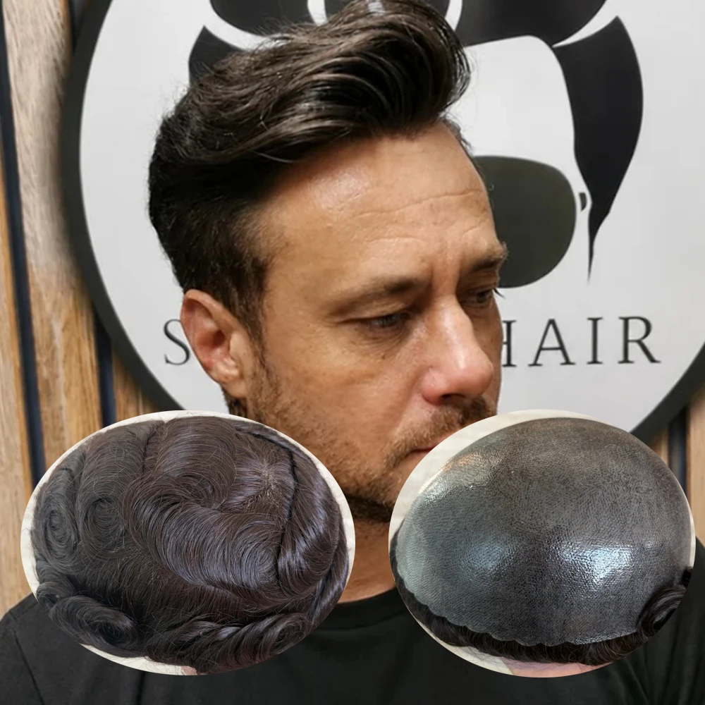 Breathable Male Toupee Durable 0.1mm Injection PU Skin #2 Wavy Straight 100% Indian Human Hair Men Hair Replacement Prothesis